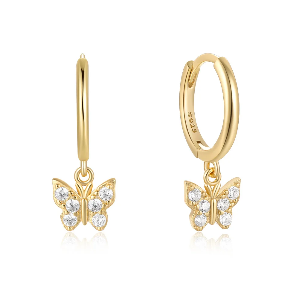 

Elegant Trendy 925 Sterling Silver 18K Gold Plated Cubic Zircon Butterfly Dangle Hoop Earrings for Women