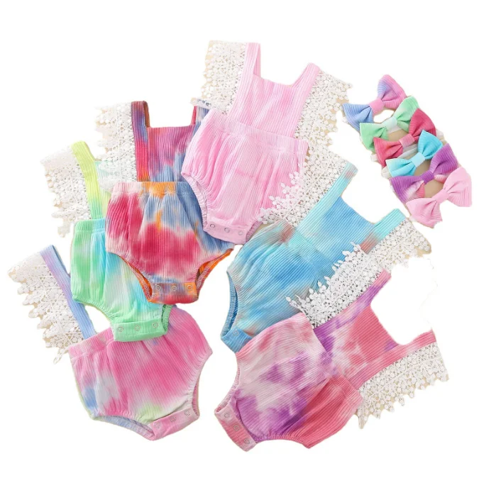 

Infant Tie Dye Outfit Suit Kids Clothes Sets Overalls Lace Stitching Jumpsuit Headband 2pcs Set Baby Designs Clothing Sets, 6 colors to choose