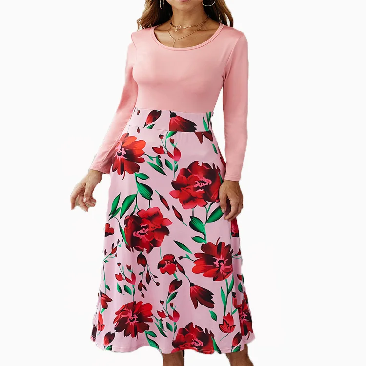 

Autumn And Winter Women's Clothing Stitching Color Printed Long-sleeved Casual Dresses Women, Customized color/as show