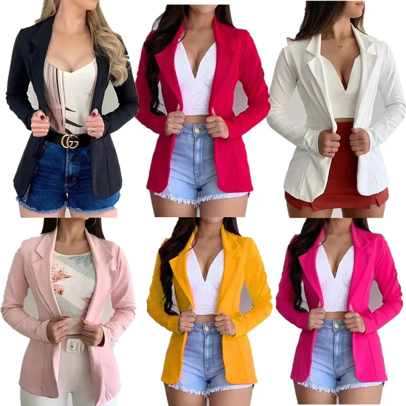 

2021 Spring solid color jacket slim button down lapels long sleeves womens jacket and coats