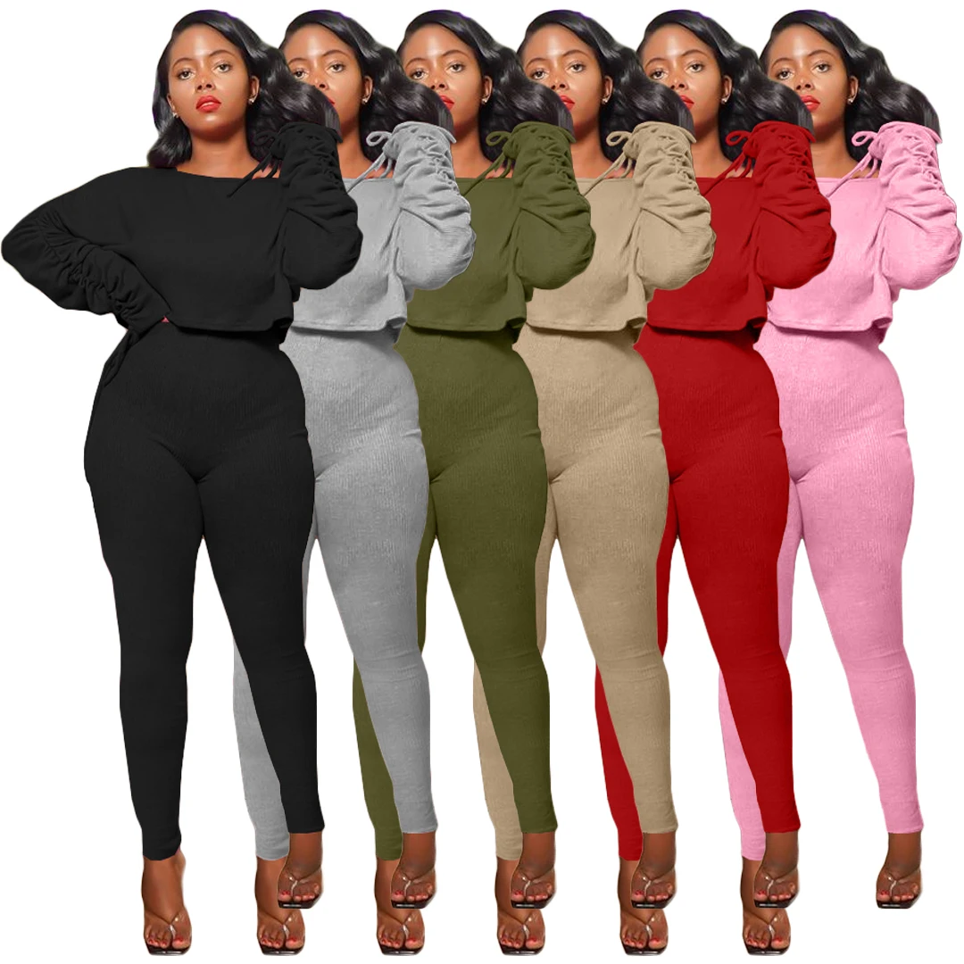 

Winter New Women Solid Color Thread Stacked Sleeve Blouse and Trousers