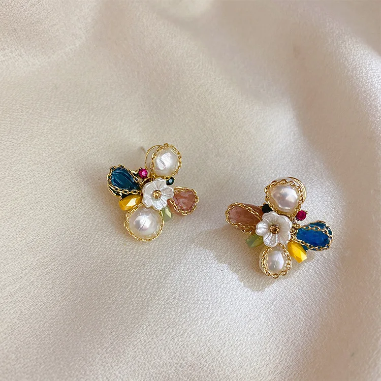 

Vershal Crystal Flower Fresh Water Pearl Stud Korean 925 Sterling Silver Post Earrings Jewelry For Women, As picture