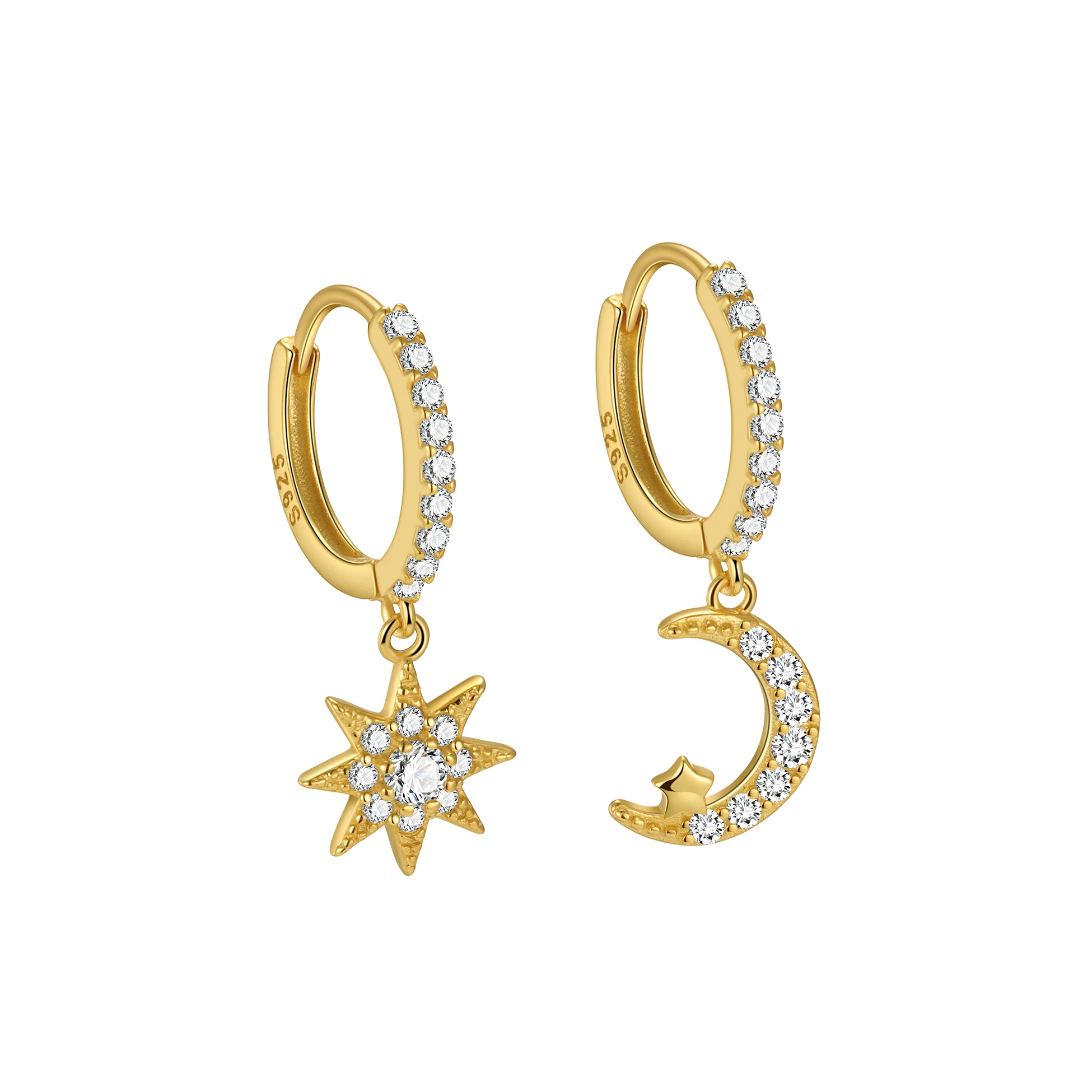 Wholesale Fashion 925 Sterling Silver Earrings Cubic Zirconia Star Moon 18K Gold Plated Hoop Fine Jewelry Factory for Girl Women
