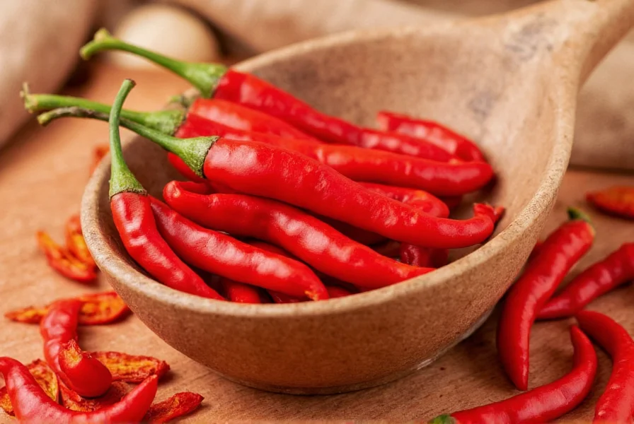 Close-up of cayenne pepper flakes on wooden spoon with fresh peppers