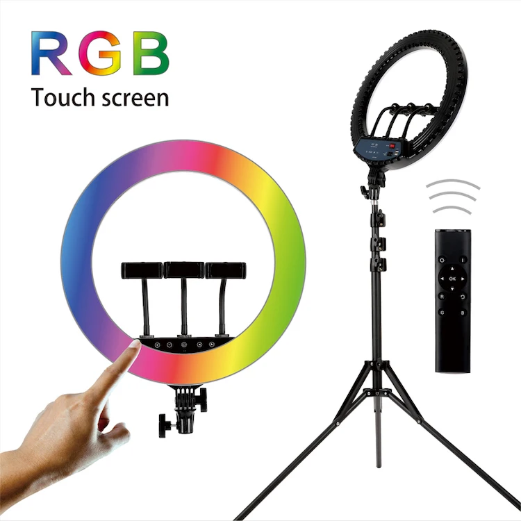 

Youtube Make up LED Soft Multi Phone Holder Remote 55W 18inch RGB Dimmable Ring Light with 1.9m Tripod Stand