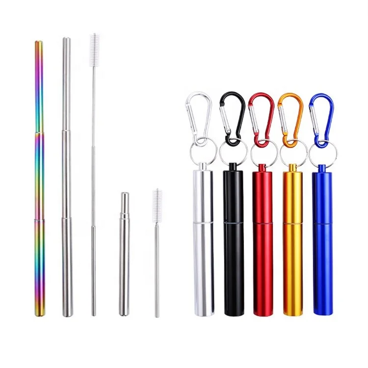 

Colorful Reusable Collapsible Straw Portable Telescopic Straw Metal Straw with Case, Silver, gold, rose gold, black, blue, red