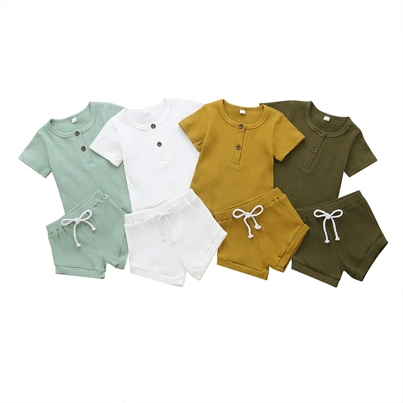 

New Arrival 2 pcs Buttons Blank designer Ribbed outfit set clothing baby boy clothes, White , aqua , army green , mustard, pink
