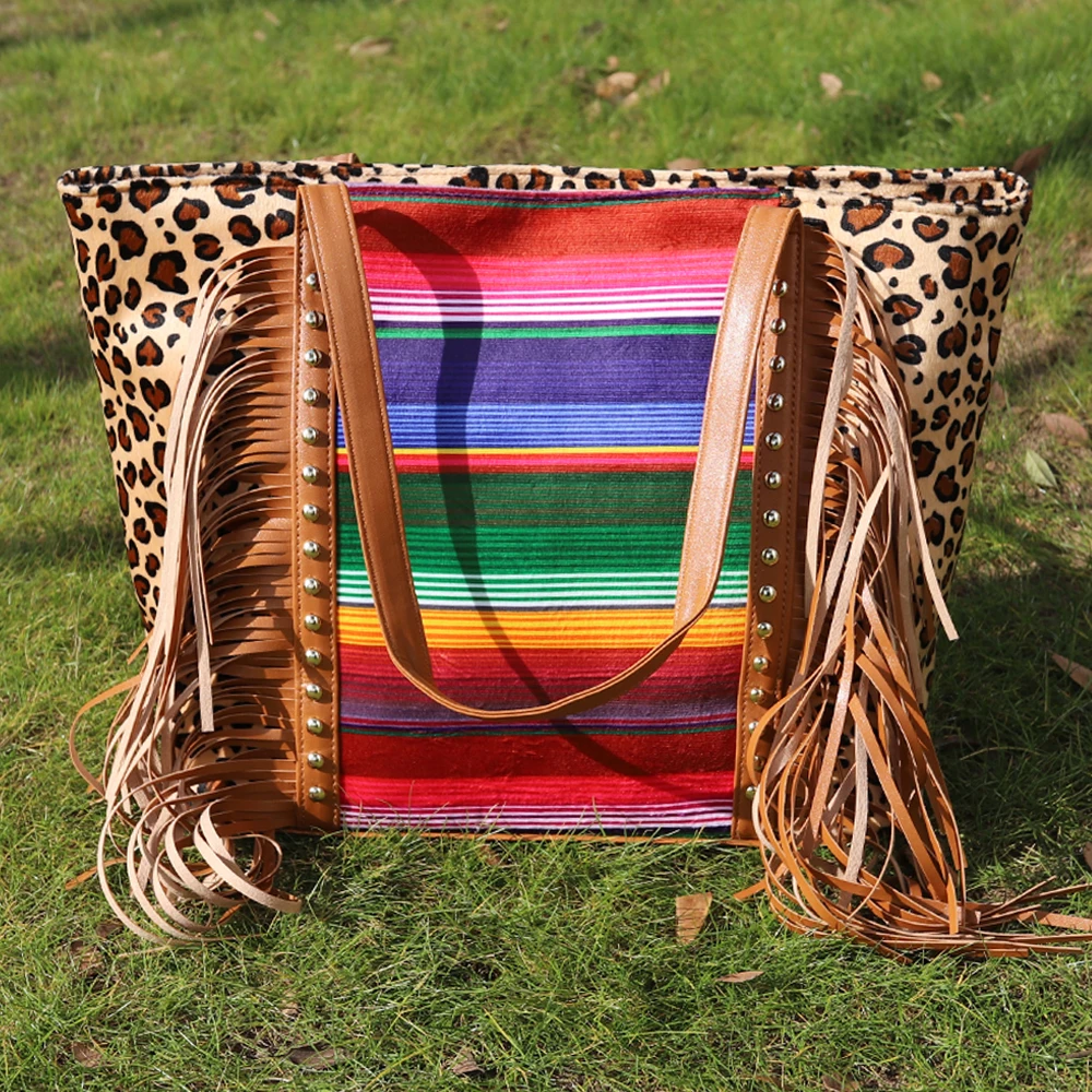 

Fashion Western Wholesale Personalized Woman Gift Practical Suede Fringe Tote PU Leather Rainbow Tassel Leopard Handbag for Lady, Sunflower,leopard,cowhide etc.or as request.