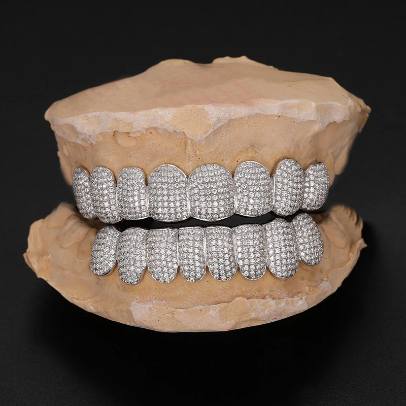 

Elu jewelry RTS hot selling individual custom 8 top & 8 bottom moissanite iced bling grills teeth grillz hip hop teeth