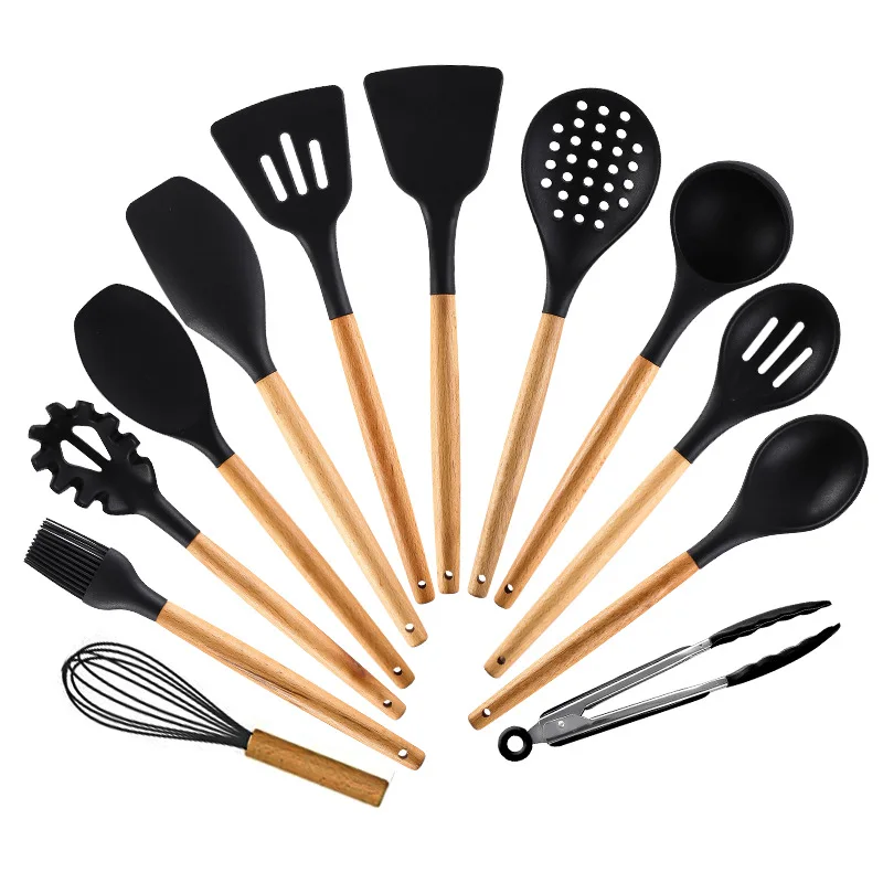 

hot selling silicone kitchen holder kitchenware accessories stand 12 piece silicon wooden cake cooking kitchen utensil set, 5 colors