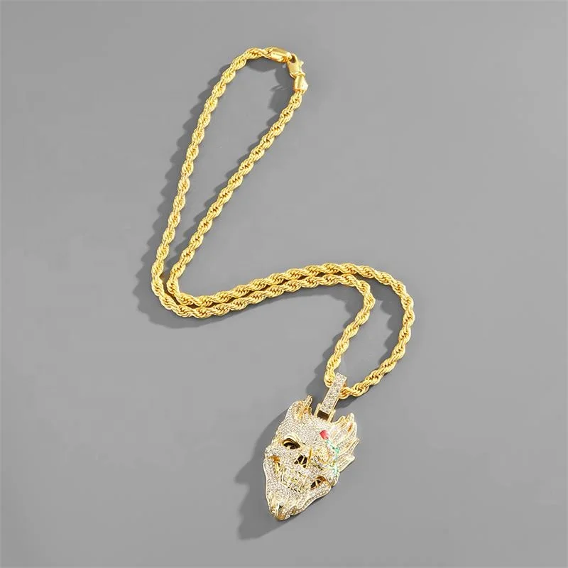 Hip hop twist chain with alloy and rhinestone demon skull pendant necklace