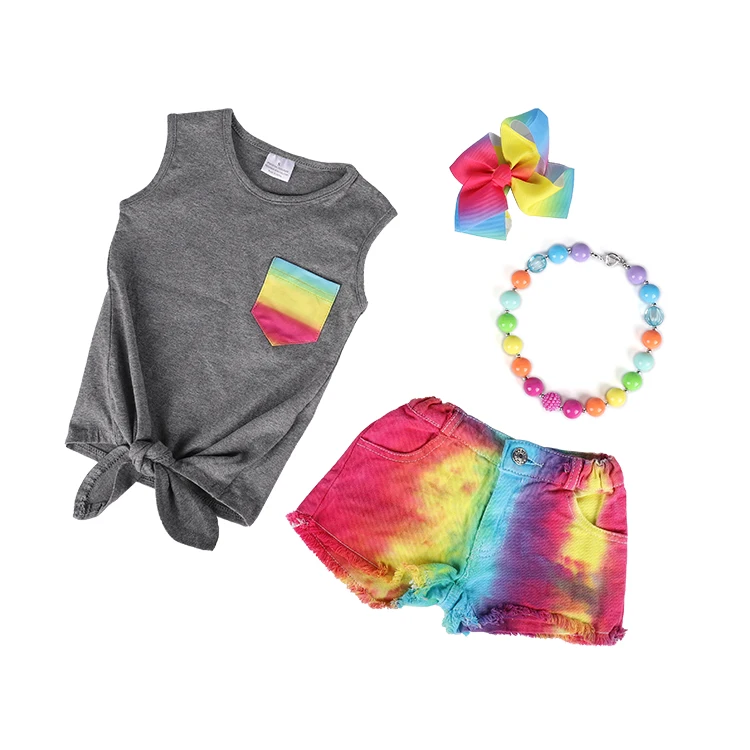 

Factory Direct Sales Girlymax In Stock Summer T Shirts Clothing Girls Short Kids Outfit Rainbow Jeans, Grey