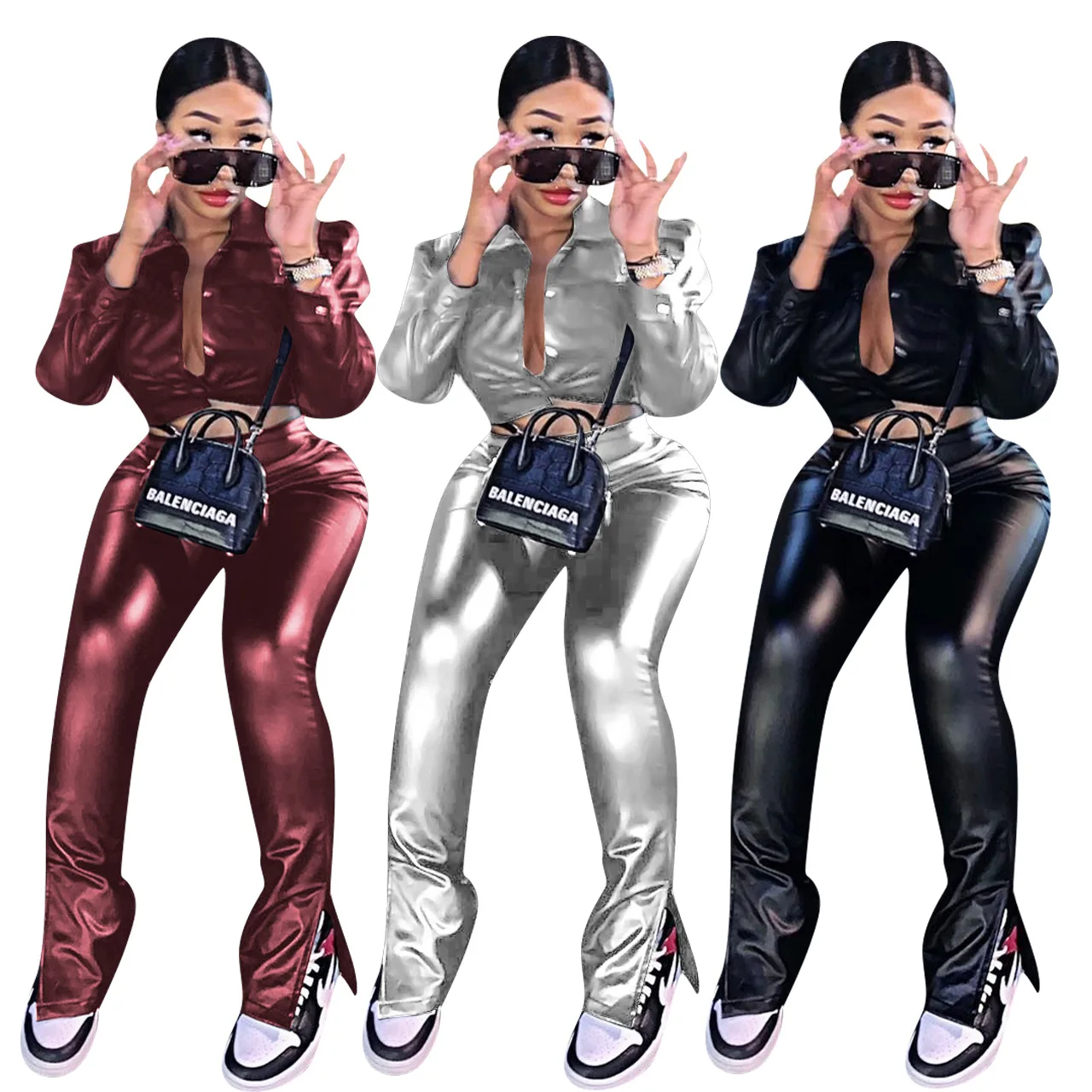 

Wholesale hot sales winter leisure sexy PU two piece set women clothing 2020 1018