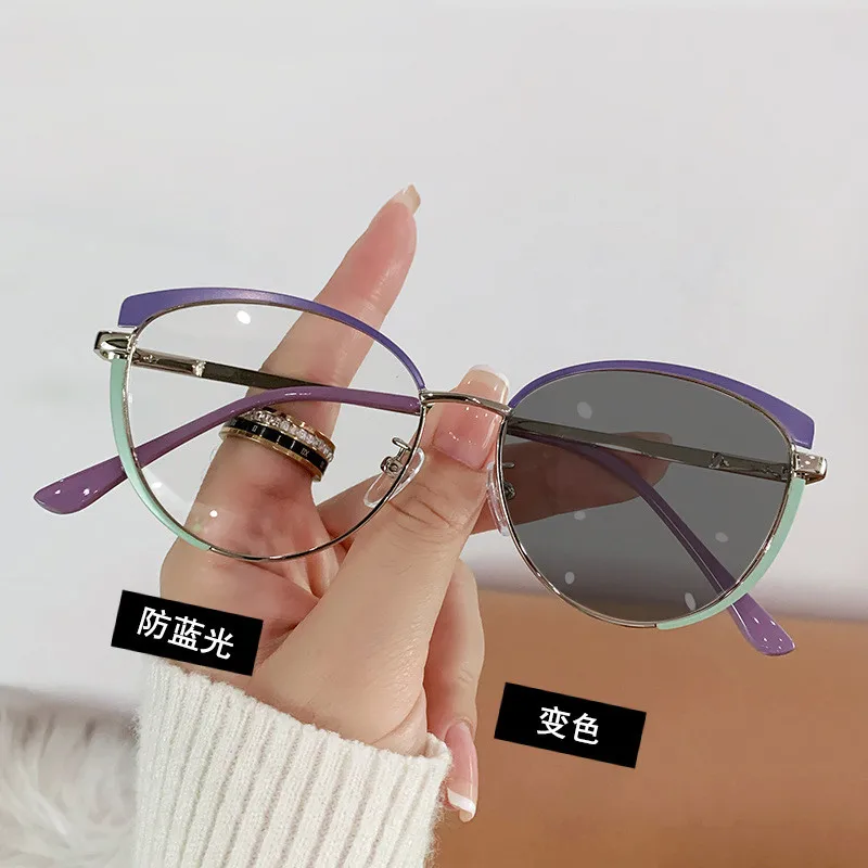 

2023 New arrival color change optical frame cat eyes eyeglasses Frames metal eyewear photochromic anti blue light glasses frame