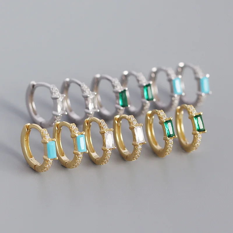 NEW 925 Sterling Silver Simple Rectangle CZ Diamond Round Hoop Earring with 18k Gold Plated for Women