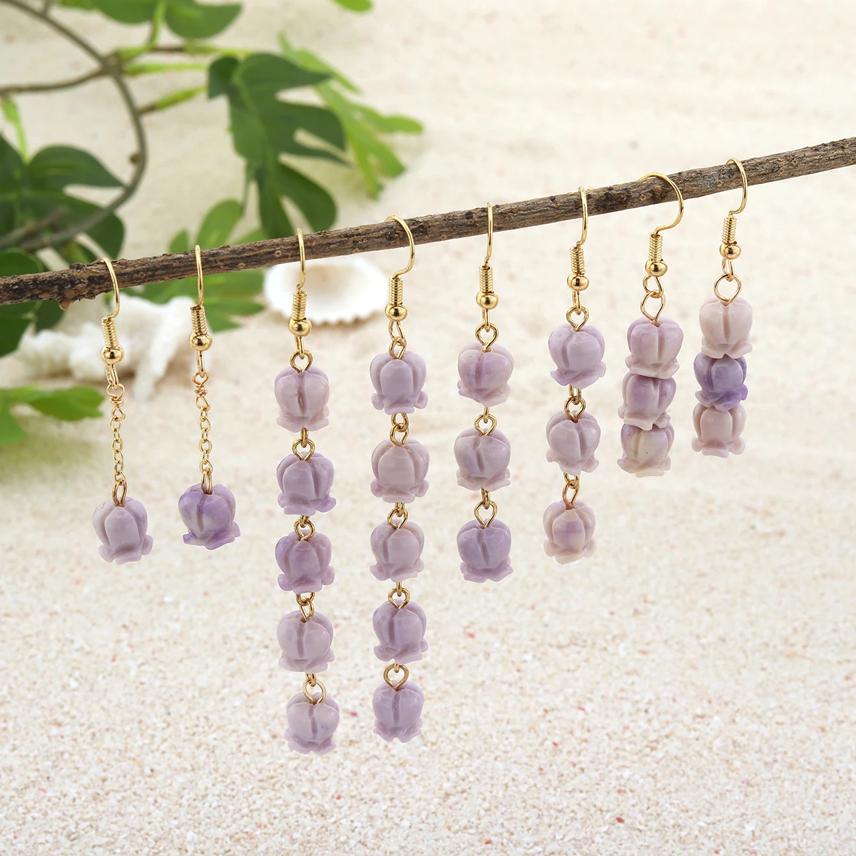 

Ready to ship New design hawaii 14k gold plating purple flower long dangling earrings