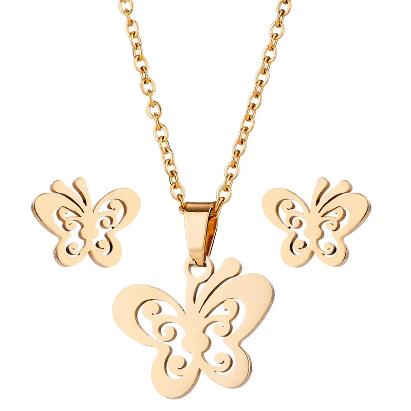

Trendy Gold Silver Plated Color Women Ladies Charm Stainless Steel Butterfly Pendant Earrings Necklace Jewelry Set For Girls, Silver & gold color