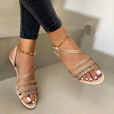 

Summer new product hot style flat hollow rhinestone sandals female plus size one-word women's shoes