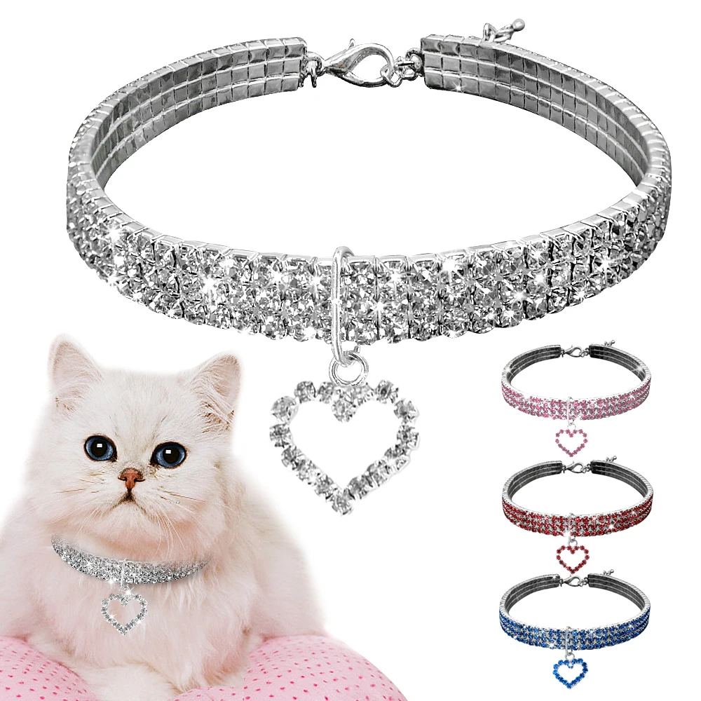 

Heart-shaped Dog Rhinestone Cat Collar Neck Size 20CM 25CM 30CM For Small Medium Dogs Cats Pet Products Pink Blue Red D20