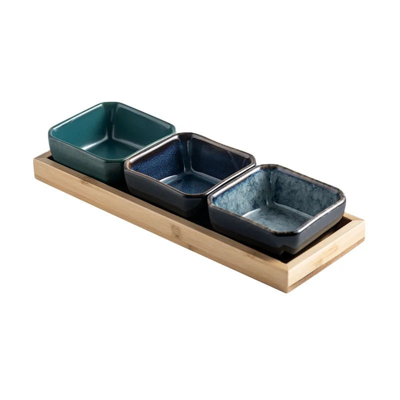 

Wholesale factory luxury Japanese ceramic sauce bowl fruit dipping bowls bowl set with wooden tray