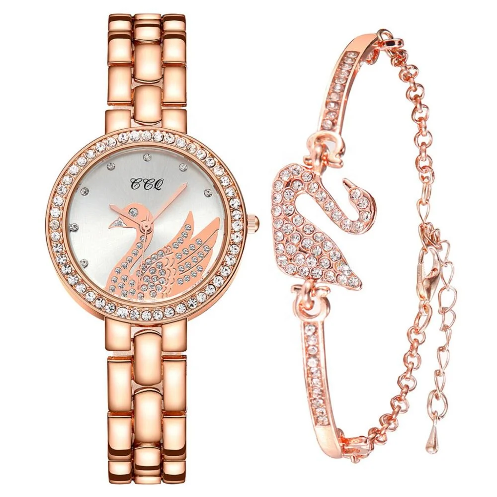 

4341 2020 New Elegant Fashion Quartz Most Popular Ladies Swan Bracelets Set Wrist watch, 2 different colors as picture