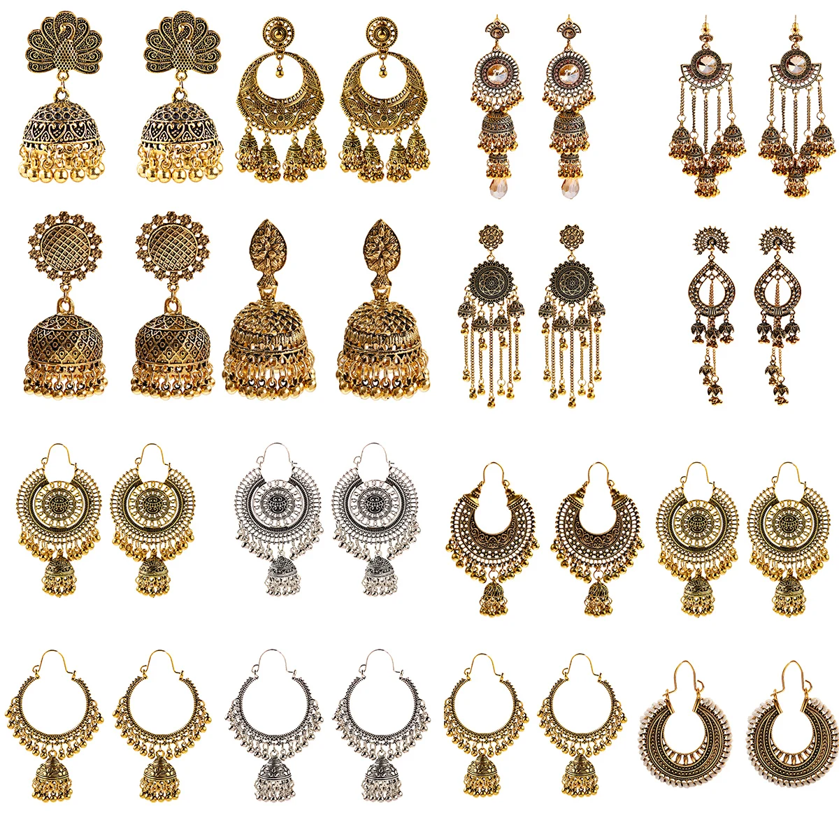 

4 Pairs/Set Indian Jhumka Jhumki Ethnic Dangle Earring Sets Women Vintage Silver Gold Long Tassel Bell Drop Bollywood Earrings, Gold & silver