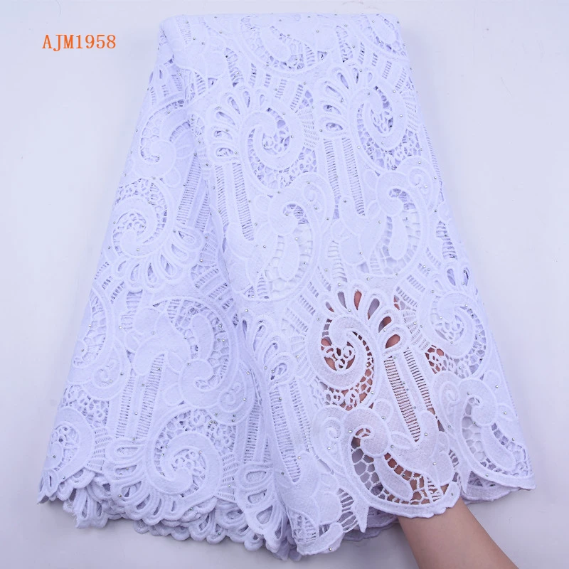 

Newest African Guipure Cord Lace Fabric High Quality French Water Soluble Cotton Lace Fabric With Stones For Nigerian Dress 1958