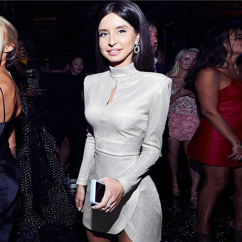 

new fall arrivals for women long sleeve dress club night Silver elegant short dress, Silver/blue/pink