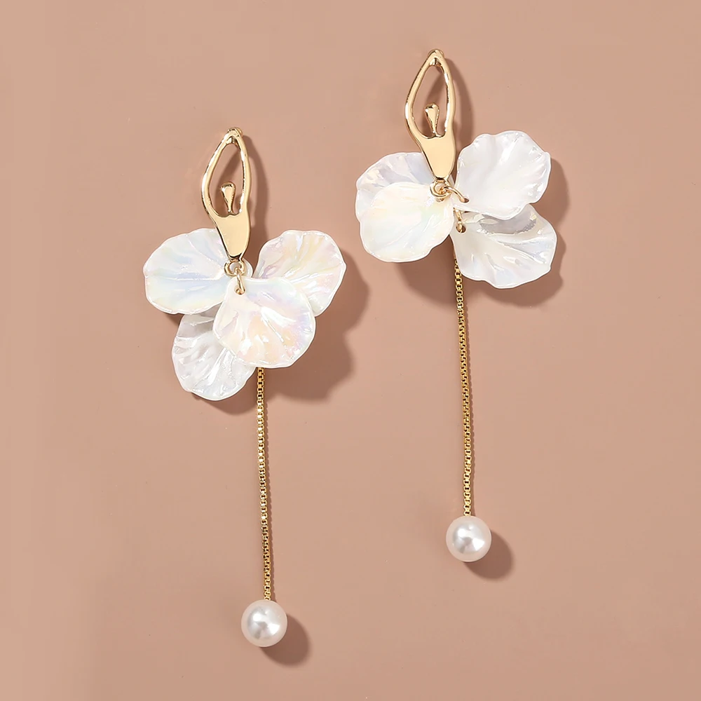 

Petal Flower Fringed Dancer S925 Women's Jewelry Earrings Creative Design of Colorful Pearl Drop Earrings Gold Plated Trendy