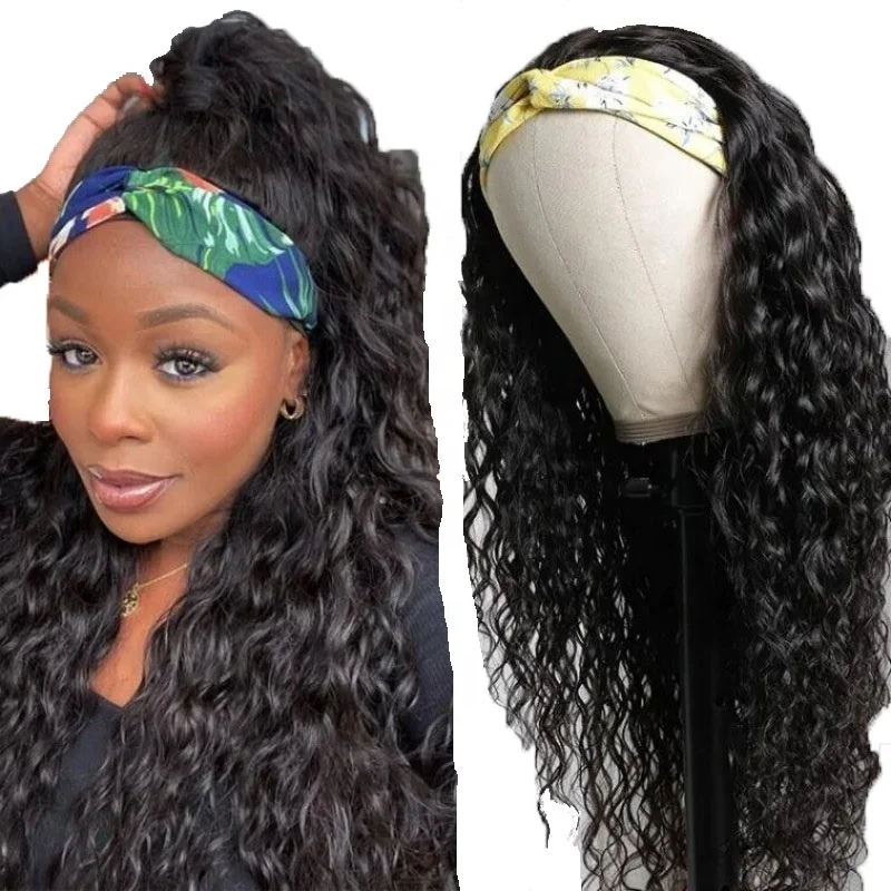 

Afro Curly Hot Sale Cheap Nature Hair Pre-attached Scarf Natural Color Water Wave Glueless Human Hair Headband Wigs For Black