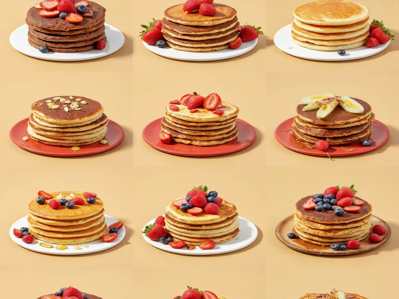 Colorful dairy-free pancake variations with toppings