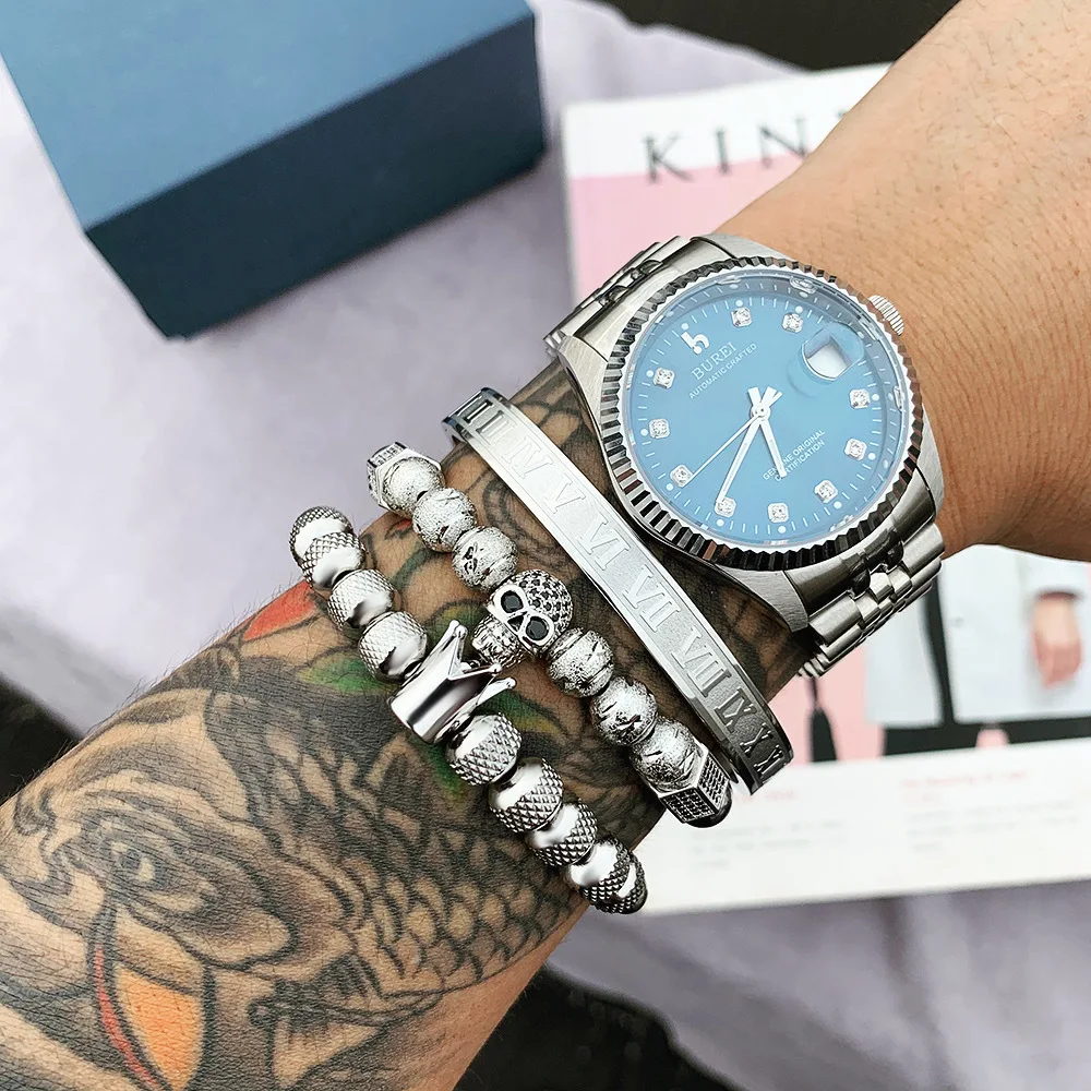 

Men's Stainless Steel 8mm Beads CZ Crown Bracelet Adjustable Cubic Zirconia CZ Skull Head Crown Bracelet Sets, Gold, silver, black, rose gold