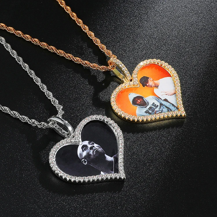 

2021 Hot Selling Full Zircon Gold Silver Custom Photo copper Heart Shape Necklace pendant