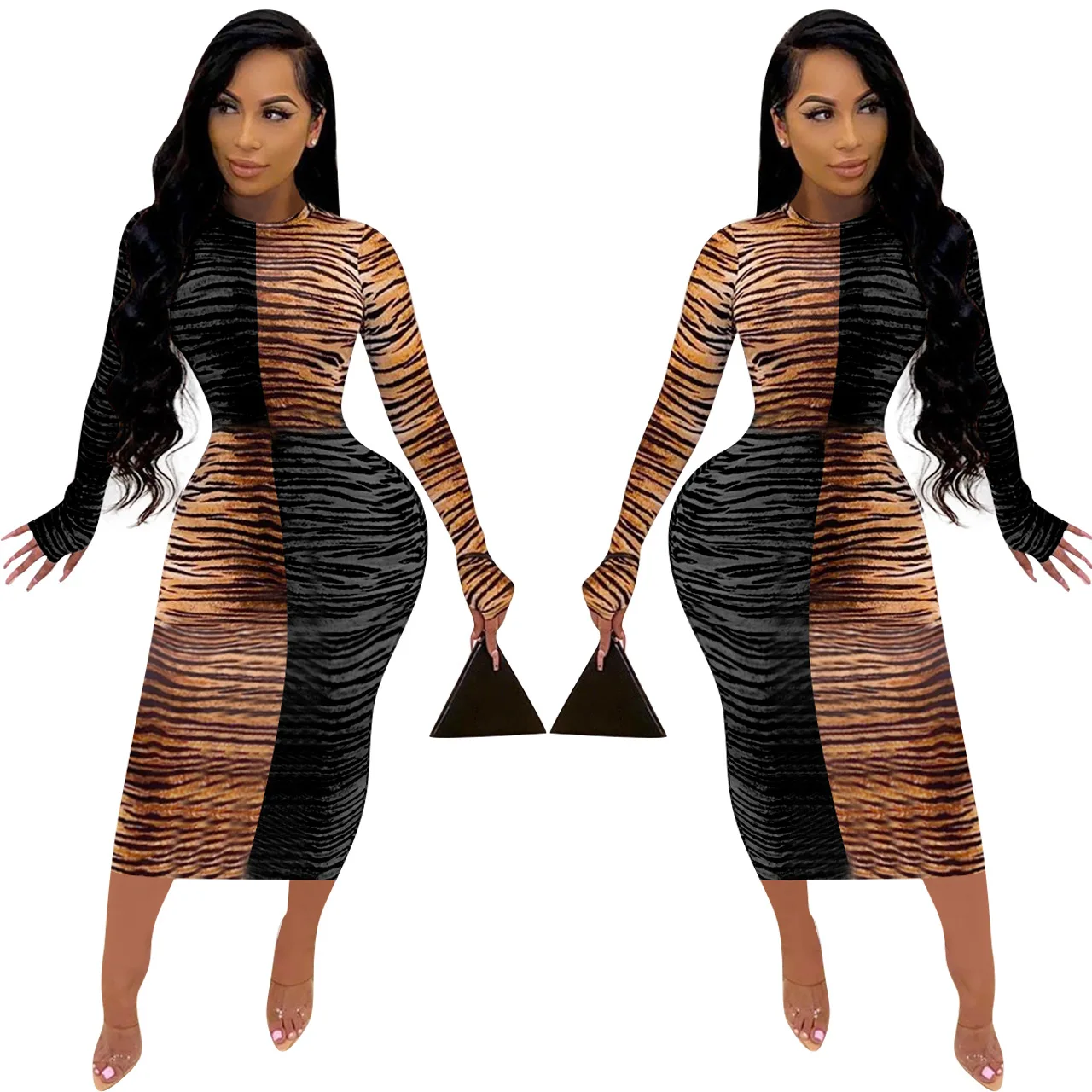 

B63682A Hot sale of European and American women's sexy tight long sleeve print dress, Black