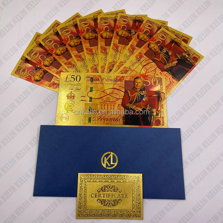 

Competitive Prices Charles III Collection Polymer Prop Money 50 Pound UK Polymer 24K Gold Foil Banknote