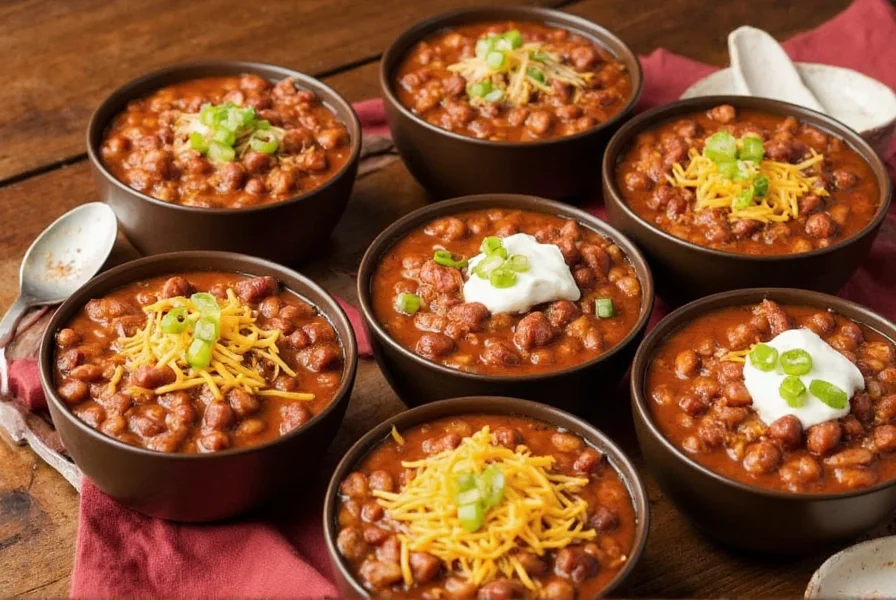 Variety of chili bowls with different toppings including cheese, sour cream, and green onions displayed on wooden table