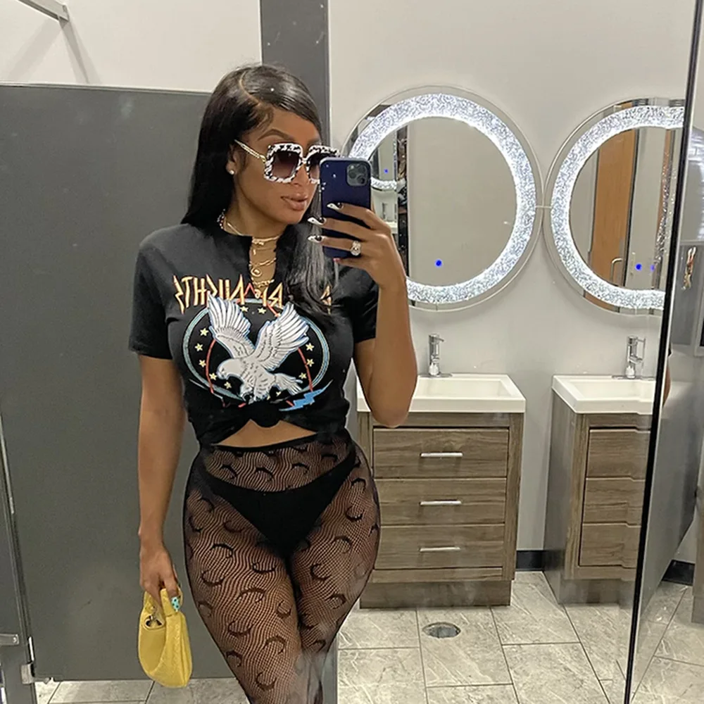 

Fashionable Ladies Short Sleeve Top Casual Print Cutout Black T Shirt For Women