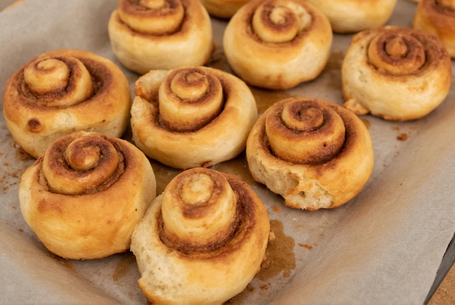 Perfectly baked cinnamon rolls with golden crust and visible spiral layers on parchment paper