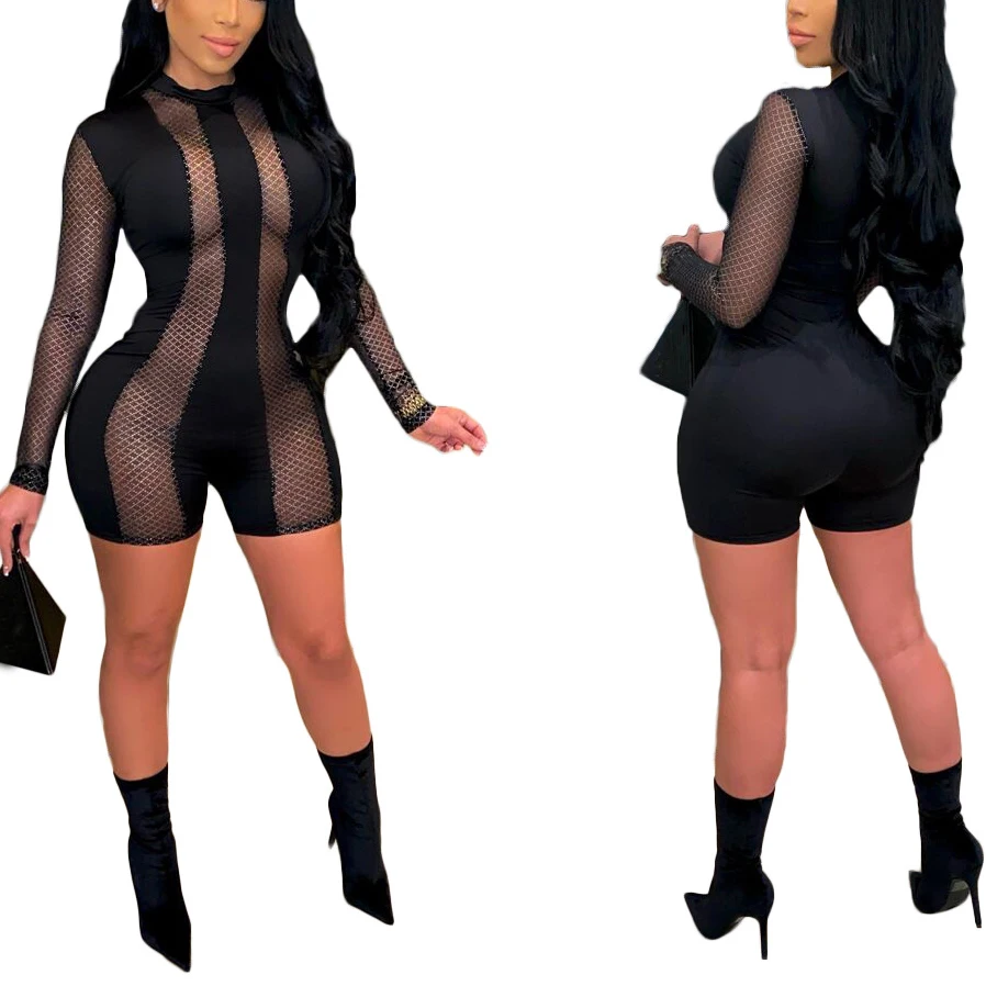 

FS2020D Women long sleeve sexy mesh transparent Jumpsuits
