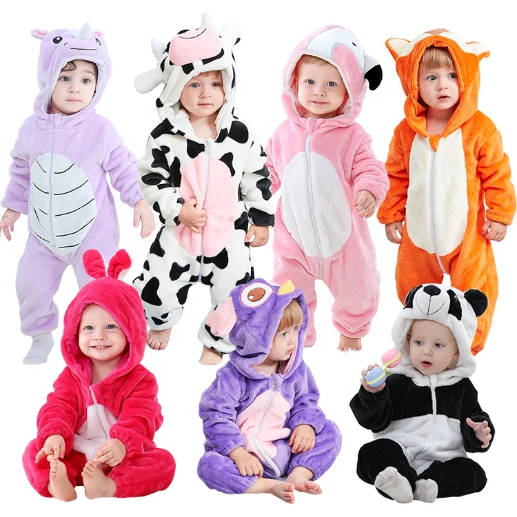 

MICHLEY Wholesale 0-25 Month Infant Unisex Flannel Costumes Boys Hooded Winter Jumpsuits Baby Girls Rompers