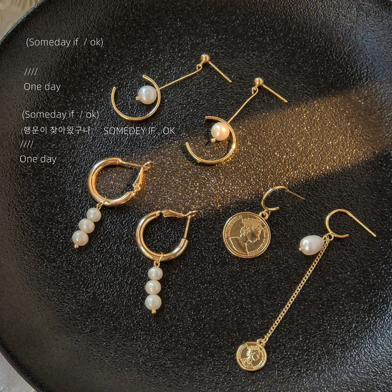 

New Arrival women fashion gold plated hoop minimalist geometric stud earrings Freshwater Pearl Earrings (YSE021)