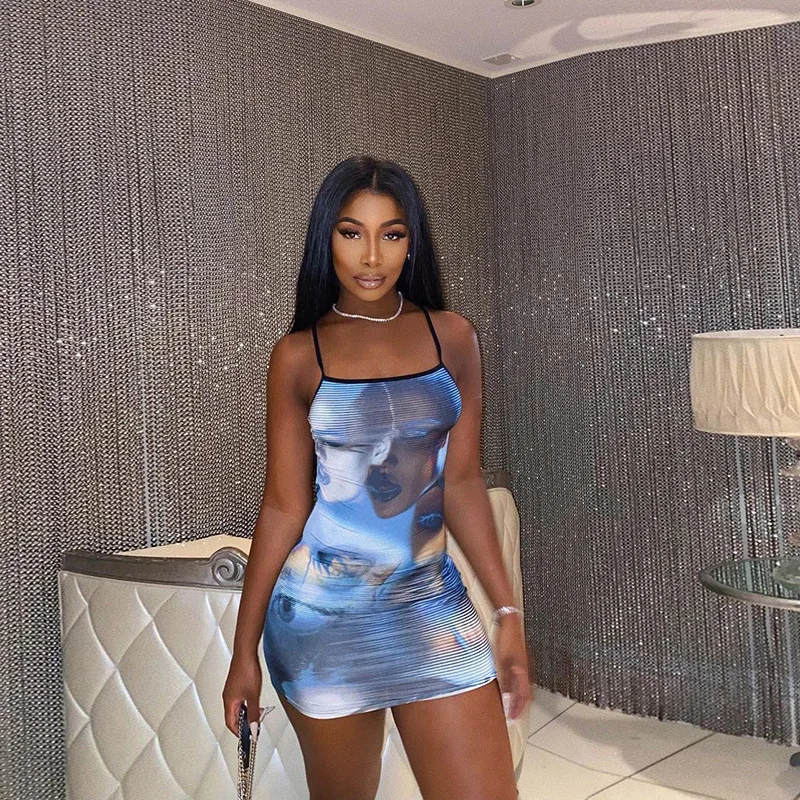 

2022 summer Sexy Slip Pleated Print Mini Dress Backless Bodycon Dresses Women, Blue
