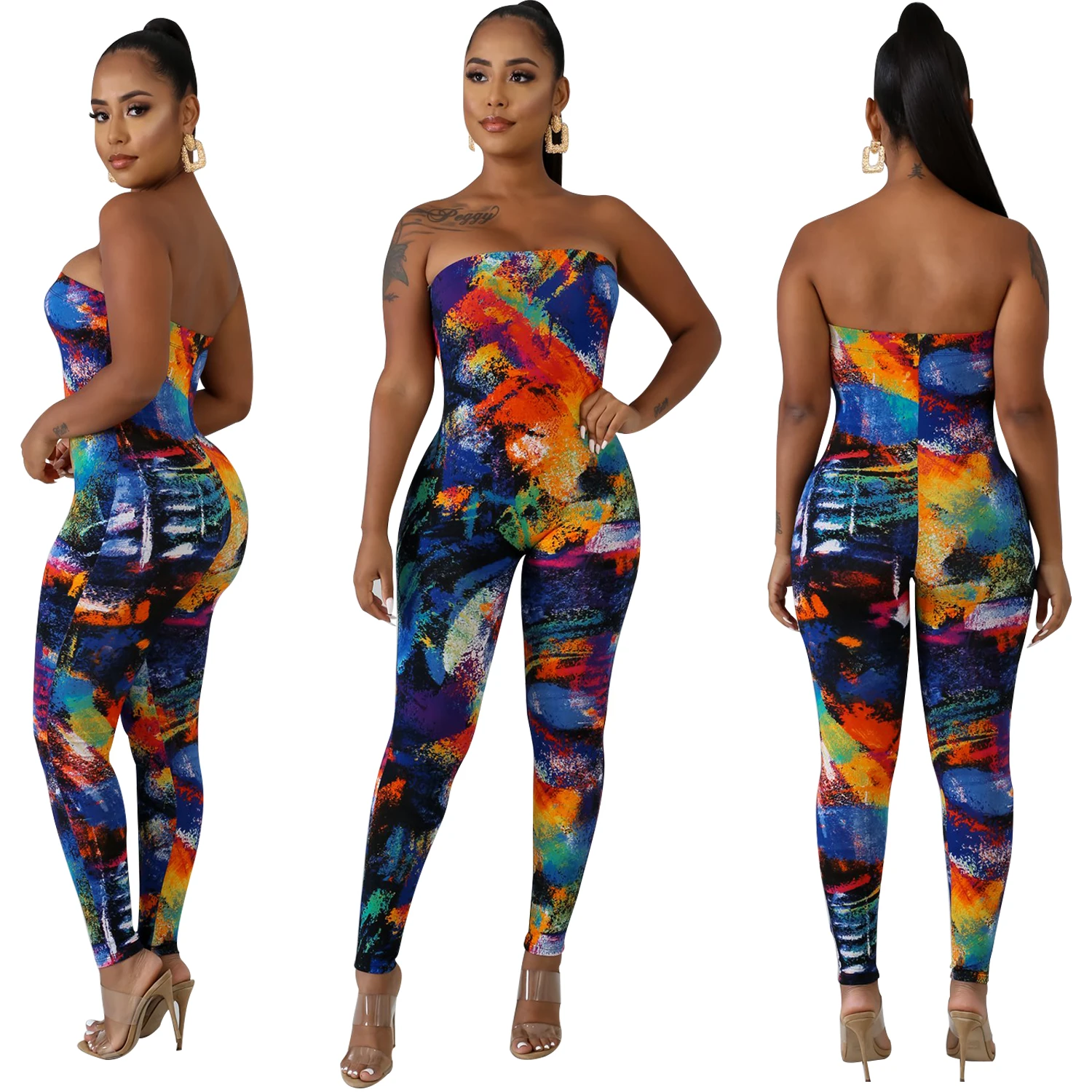 

fashion mix color sleeveless slim bodycon skinny streetwear fit jumpsuit FM-H3307, As pictures