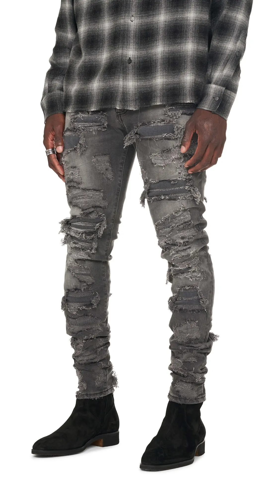 grey black distressed jeans