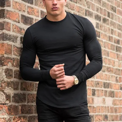

100% Cotton Black Shirt Sports Muscle Fit T-Shirt Gym Long tshirt Tee men t-shirts long sleeve, Black grey nude
