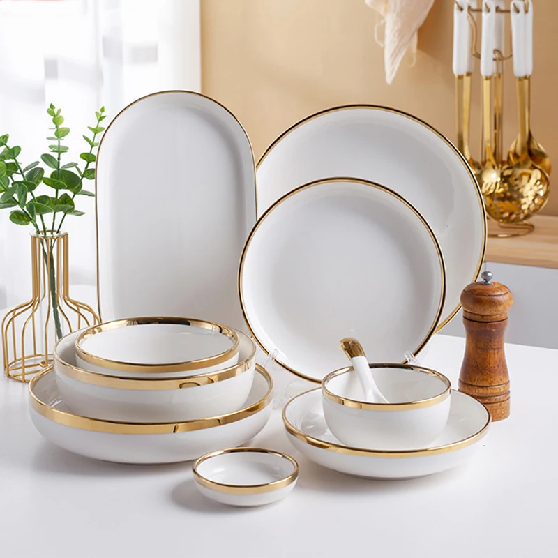 

Nordic Luxury Wedding White Dishes Plates Dinner Tableware Set Custom Golden Edge Ceramic Dinnerware Set