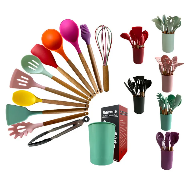 

Silicone Kitchen Accessories Cooking Tools Kitchenware Cocina Utensils With Wooden Handles, Black,green,gray.red,orange,yellow