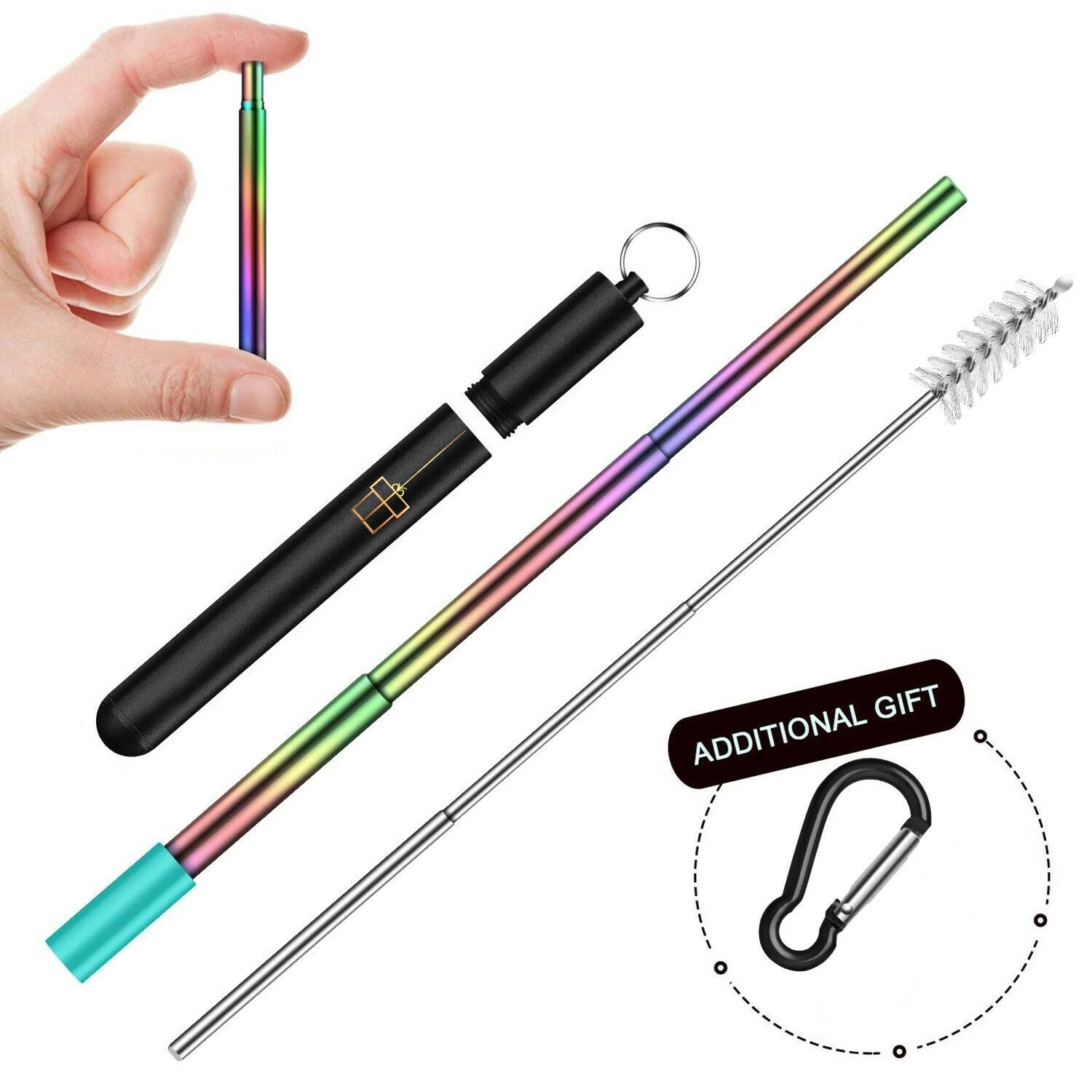 Reusable Foldable Stainless Steel Rainbow Collapsible Telescopic Metal Drinking Straw with Aluminum Case