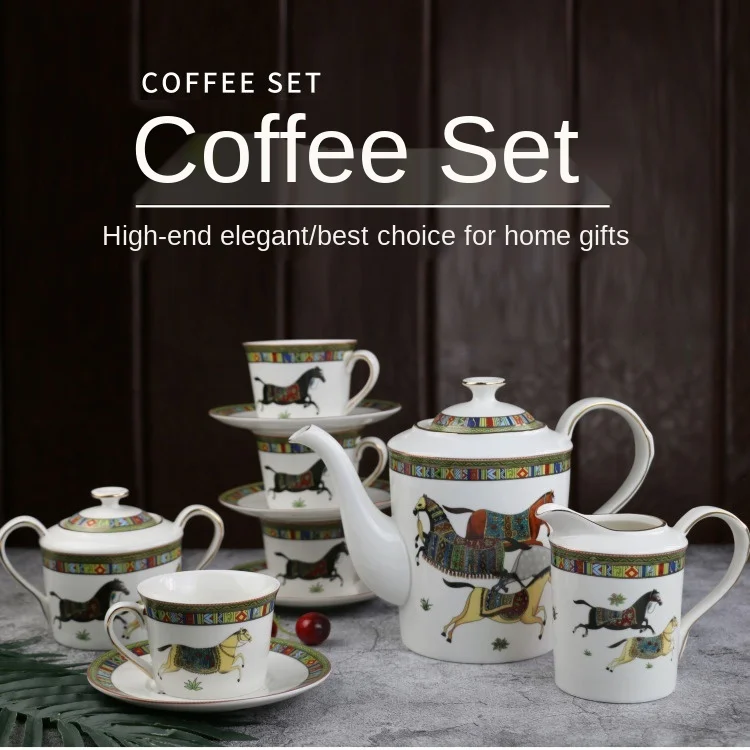 

QIAN HU Amazon Top Sale Bone China Tea Cup Set Ethiopian Coffee Cup Set Gold Rim Horse Pattern Traditional Art with Gift Box