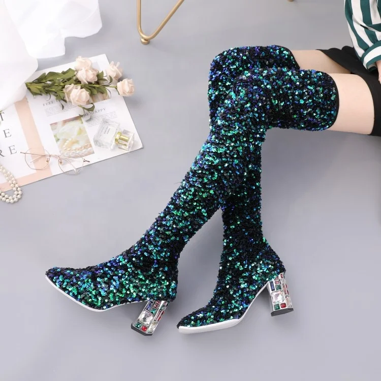 

Colorful Diamonds Sequins Upper Chunky Heel Over the Knee High Boots Square Toe Slip On Shiny Sequins Women Thigh High Boots, Green